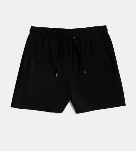 Black Linen Blend Elastic Waist Band Shorts with Frayed Hem & Side Poc